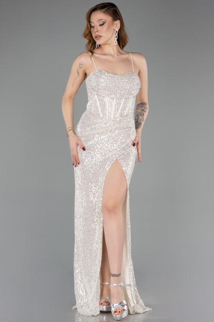 Tenue De Soirée Squameuse Longue Beige ABU3246