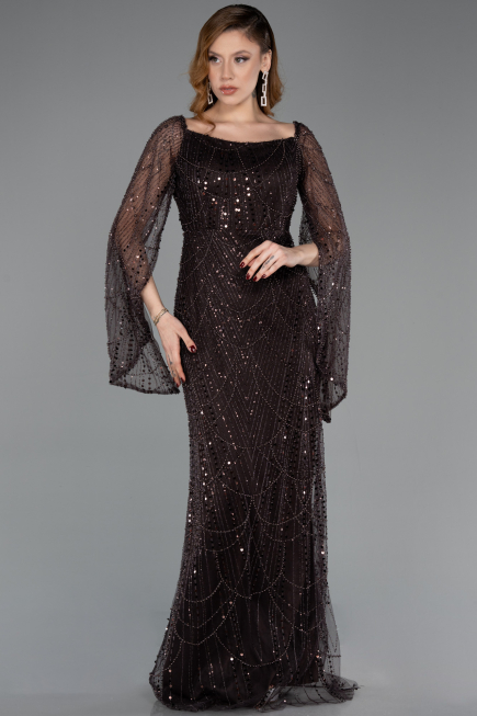 Robe De Soirée Perlé Longue Brun ABU5066