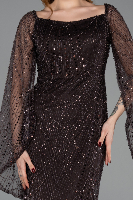 Robe De Soirée Perlé Longue Brun ABU5066
