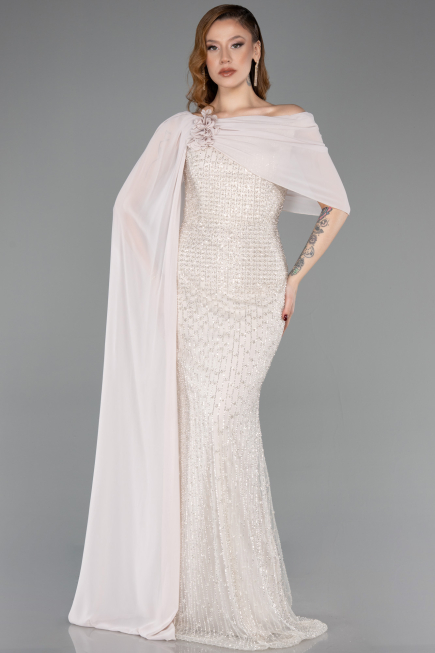 Robe de Soirée Longue Perlé Beige ABU5816