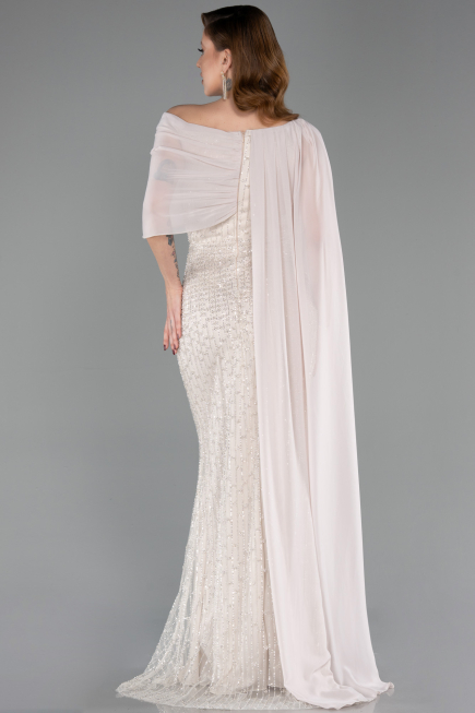 Robe de Soirée Longue Perlé Beige ABU5816
