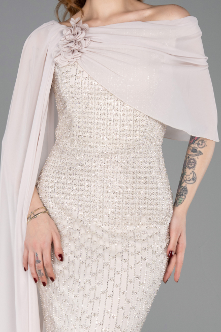 Robe de Soirée Longue Perlé Beige ABU5816