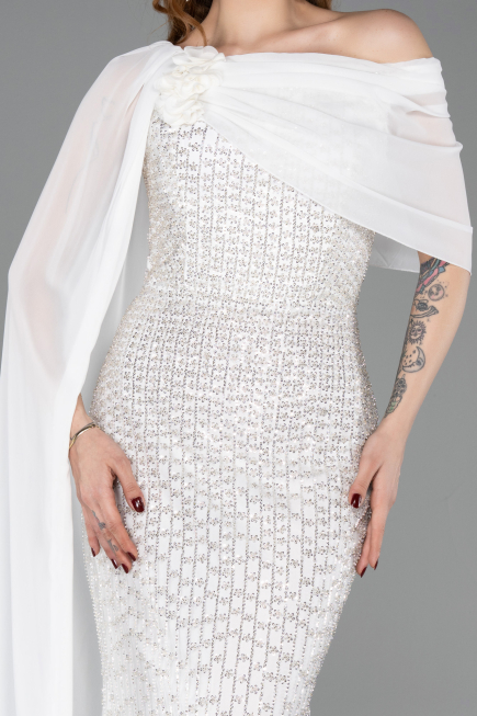 Robe de Soirée Longue Perlé Blanc ABU5816