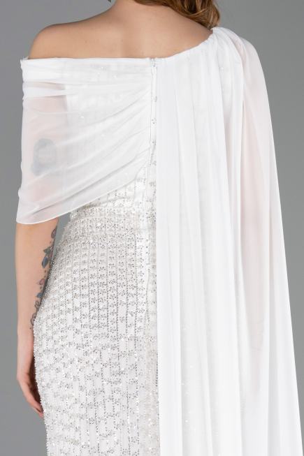 Robe de Soirée Longue Perlé Blanc ABU5816