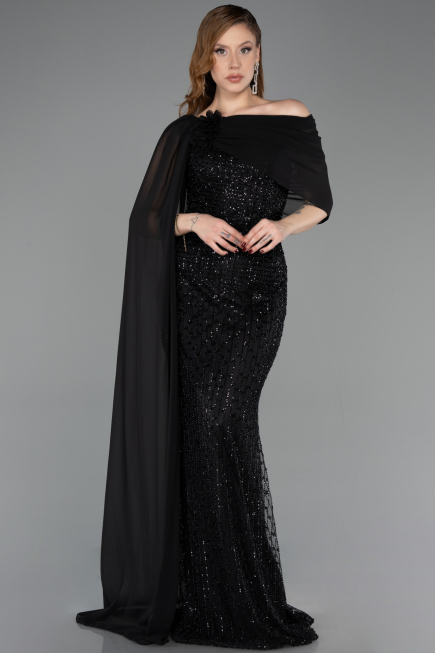 Robe de Soirée Longue Perlé Noir ABU5816