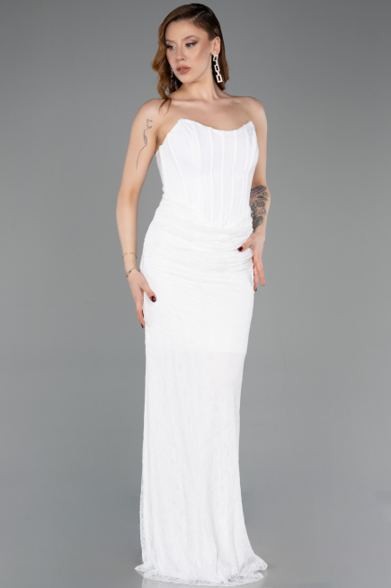 Robe de Soirée Longue Dantelle Blanc ABU5817