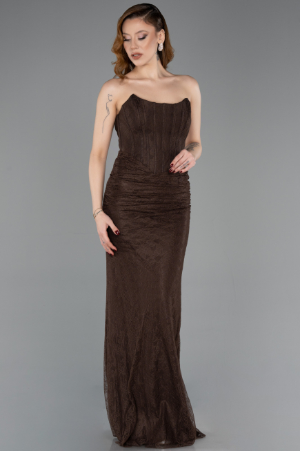 Robe de Soirée Longue Dantelle Brun ABU5817