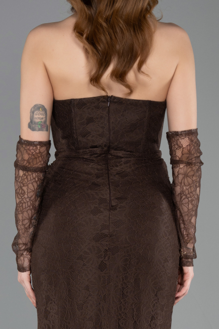 Robe de Soirée Longue Dantelle Brun ABU5817