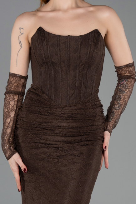 Robe de Soirée Longue Dantelle Brun ABU5817