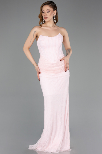 Robe de Soirée Longue Dantelle Poudre ABU5817