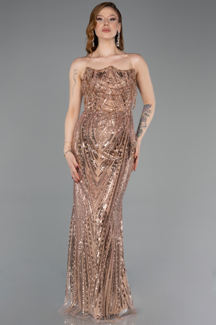 Robe de Soirée Longue Squameuse Cuivre ABU5828