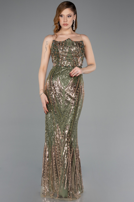 Robe de Soirée Longue Squameuse Kaki ABU5828