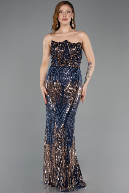 Robe de Soirée Longue Squameuse Bleu Marine ABU5828