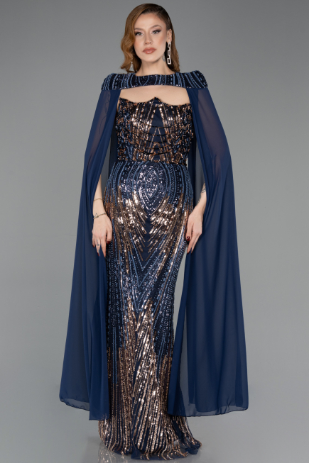Robe de Soirée Longue Squameuse Bleu Marine ABU5828