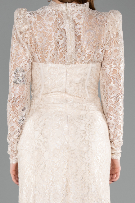 Robe de Soirée Longue Dantelle Beige ABU5771