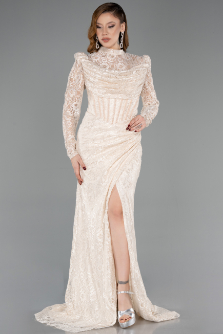 Robe de Soirée Longue Dantelle Beige ABU5771