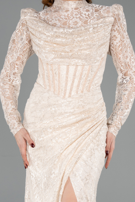 Robe de Soirée Longue Dantelle Beige ABU5771
