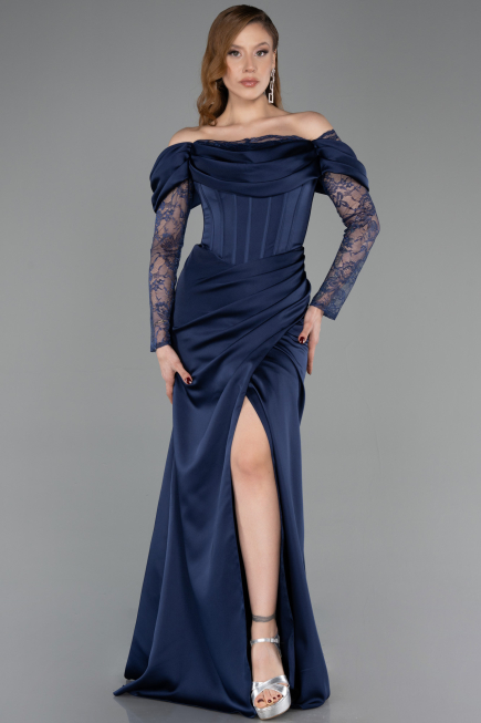Robe de Soirée Longue Satin Bleu Marine ABU5829
