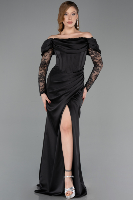 Robe de Soirée Longue Satin Noir ABU5829