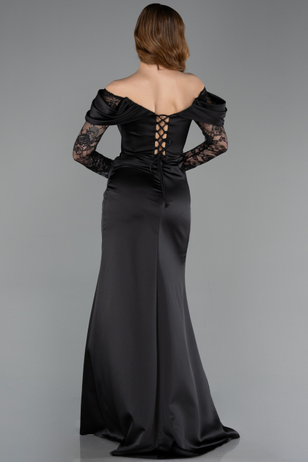 Robe de Soirée Longue Satin Noir ABU5829