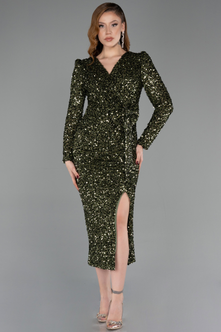 Robe de Cérémonie Midi Squameuse Kaki ABK2543