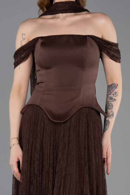 Robe de Soirée Longue Dantelle Brun ABU5799