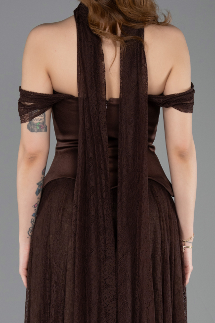 Robe de Soirée Longue Dantelle Brun ABU5799
