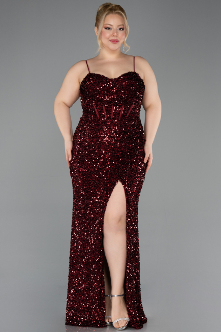 Robe de Soirée Grande Taille Longue Squameuse Rouge Bordeaux ABU5818