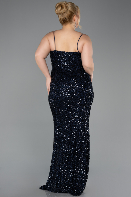 Robe de Soirée Grande Taille Longue Squameuse Bleu Marine ABU5818