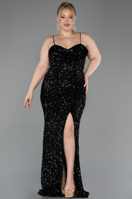 Robe de Soirée Grande Taille Longue Squameuse Noir ABU5818