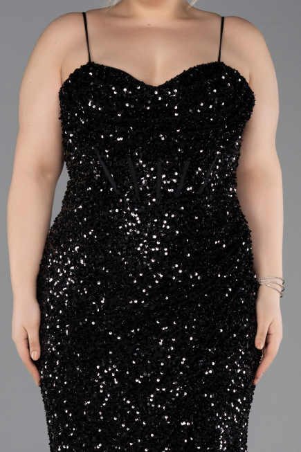 Robe de Soirée Grande Taille Longue Squameuse Noir ABU5818