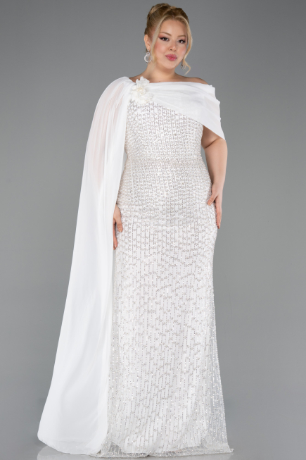 Robe de Soirée Grande Taille Longue Perlé Blanc ABU5819