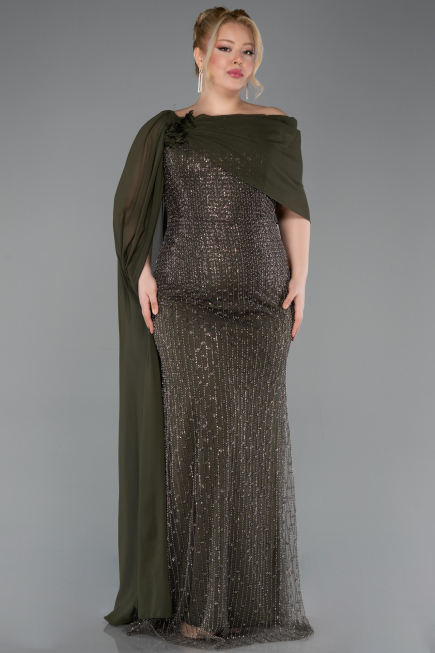 Robe de Soirée Grande Taille Longue Perlé Kaki ABU5819