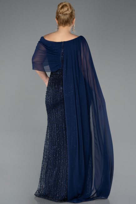 Robe de Soirée Grande Taille Longue Perlé Bleu Marine ABU5819