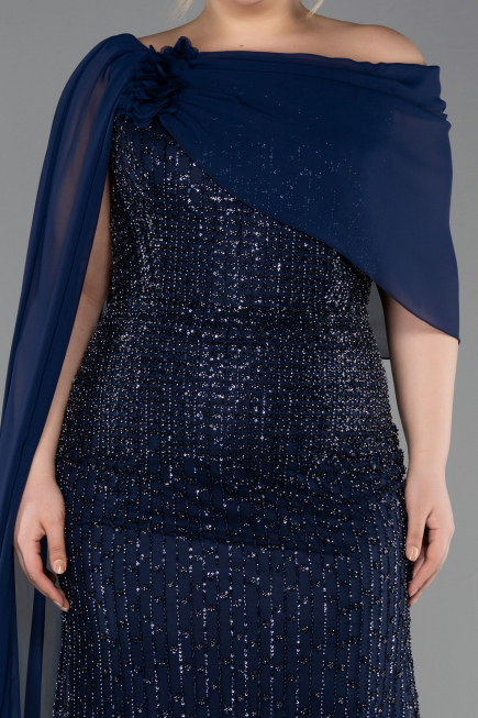 Robe de Soirée Grande Taille Longue Perlé Bleu Marine ABU5819