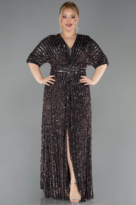 Robe De Soirée Grande Taille Longue Squameuse Anthracite ABU5846