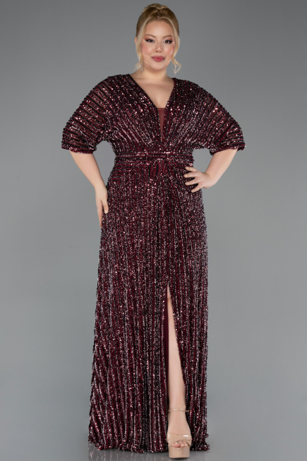 Robe De Soirée Grande Taille Longue Squameuse Rouge Bordeaux ABU5846