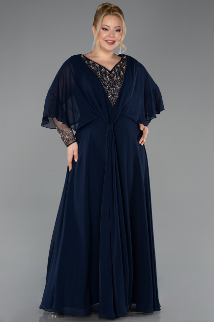 Robe de Soirée Grande Taille Longue Mousseline Bleu Marine ABU5850