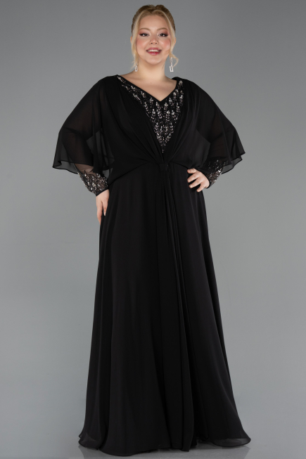 Robe de Soirée Grande Taille Longue Mousseline Noir ABU5850