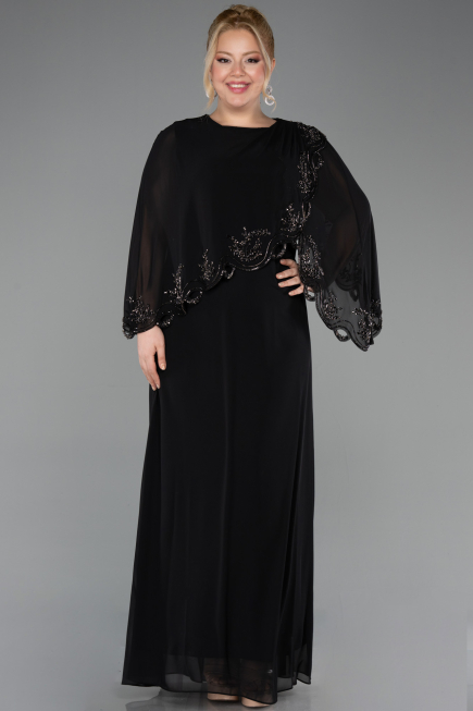 Robe De Soirée Grande Taille Longue Mousseline Noir ABU5852
