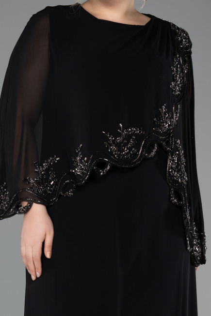 Robe De Soirée Grande Taille Longue Mousseline Noir ABU5852
