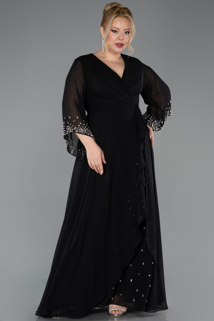 Robe de Soirée Grande Taille Longue Mousseline Noir ABU5853