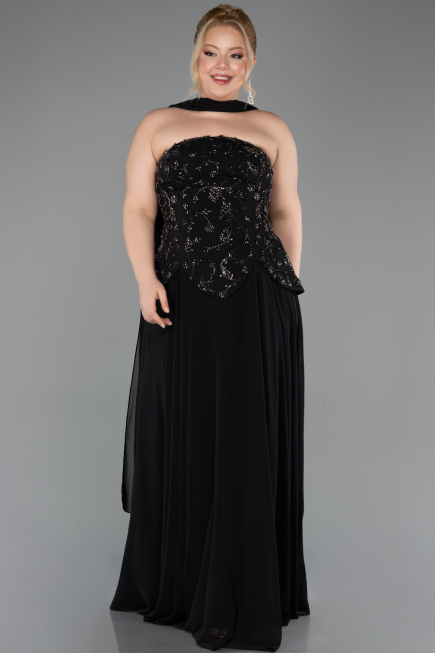 Robe de Soirée Grande Taille Longue Mousseline Noir ABU5855