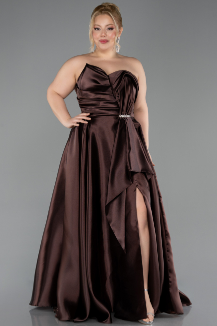 Robe de Soirée Grande Taille Longue Satin Brun ABU5650