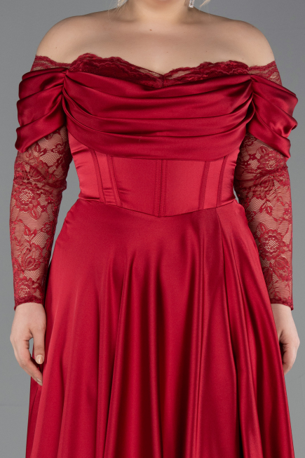 Robe Grande Taille Satin Longue Rouge Bordeaux ABU5261