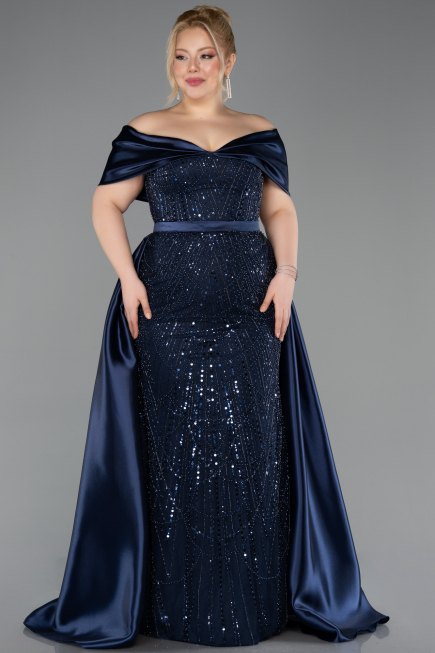 Robe Grande Taille Longue Perlé Bleu Marine ABU5742