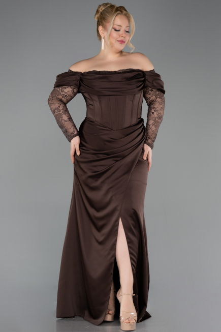 Robe de Soirée Grande Taille Longue Satin Brun ABU5831