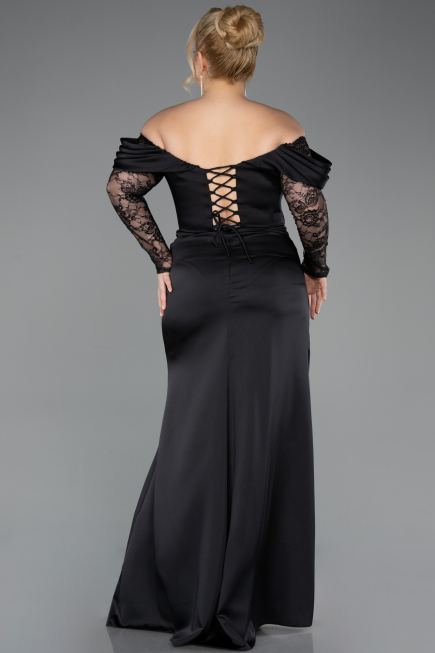 Robe de Soirée Grande Taille Longue Satin Noir ABU5831