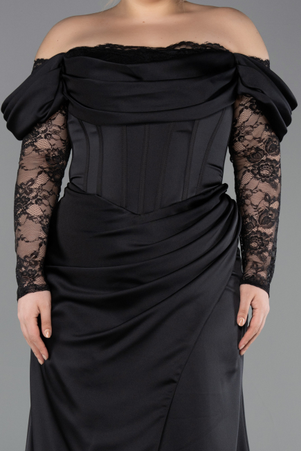 Robe de Soirée Grande Taille Longue Satin Noir ABU5831
