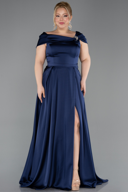 Robe De Soirée Grande Taille Longue Satin Bleu Marine ABU5835